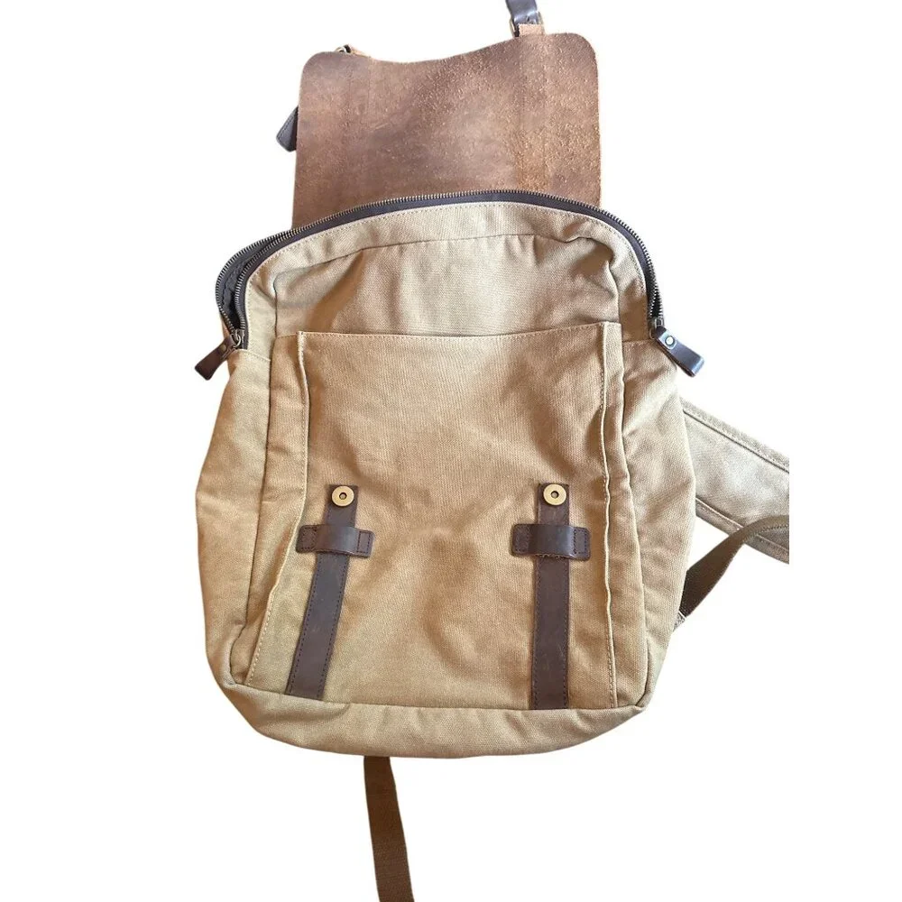 Vintage-Style S-Zone Brown Canvas Backpack Leather Straps & Buckle Closure